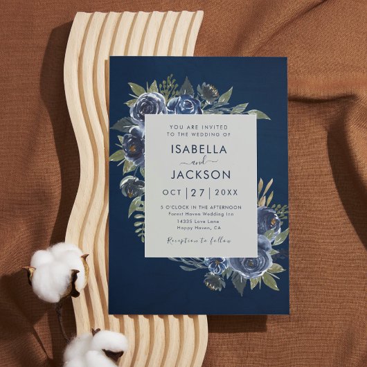 Invitation Dusty Blue Navy Champagne Mariage d'ivoire