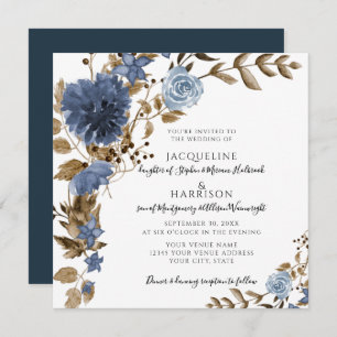 Invitation Dusty Blue Navy Floral Brown Foliage Mariage