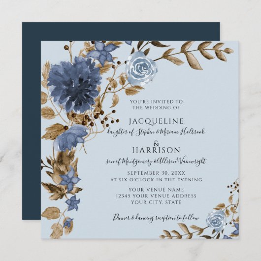 Invitation Dusty Blue Navy Floral Earth Tone Mariage (Devant / Derrière)