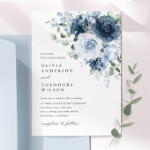 Invitation Dusty Blue Navy Floral Elegant Photo Back Wedding