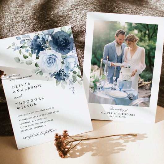 Invitation Dusty Blue Navy Floral Elegant Photo Back Wedding