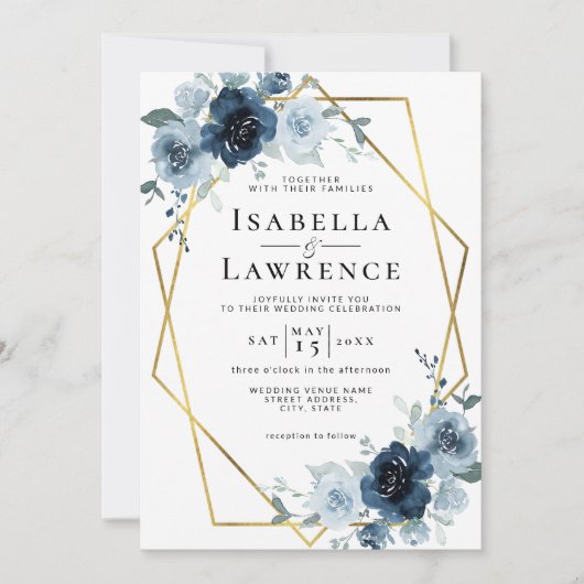 Invitation Dusty Blue Navy Floral Gold Foil Mariage Pastel (Devant)
