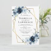 Invitation Dusty Blue Navy Floral Gold Foil Mariage Pastel (Debout devant)