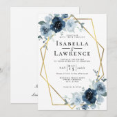 Invitation Dusty Blue Navy Floral Gold Foil Mariage Pastel (Devant / Derrière)