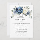 Invitation Dusty Blue Navy Ivory Floral Boho Mariage QR Code (Devant)