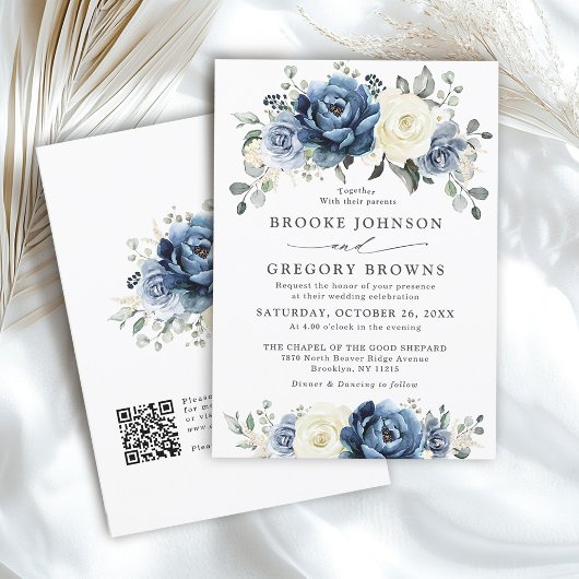 Invitation Dusty Blue Navy Ivory Floral Boho Mariage QR Code