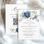 Invitation Dusty Blue Navy Ivory Floral Boho Mariage QR Code