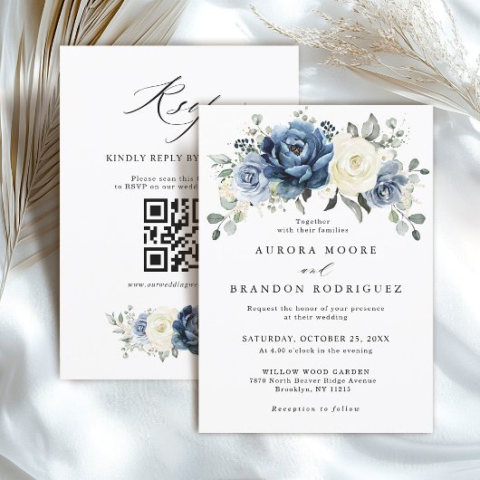 Invitation Dusty Blue Navy Ivory Floral Boho Mariage QR Code
