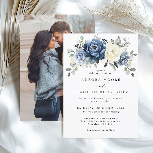 Invitation Dusty Blue Navy Ivory Floral Boho Mariage QR Code
