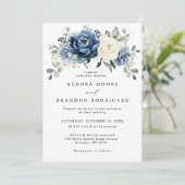 Invitation Dusty Blue Navy Ivory Floral Boho Mariage QR Code (Debout devant)
