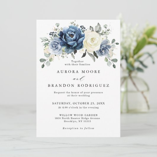 Invitation Dusty Blue Navy Ivory Floral Boho Mariage QR Code (Debout devant)