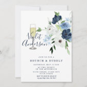 Invitation Dusty Blue Navy Lumières Floral Brunch & Bubbly (Devant)