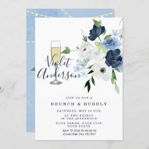 Invitation Dusty Blue Navy Lumières Floral Brunch & Bubbly