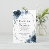Invitation Dusty Blue Navy Pastel Silver Foil Floral Mariage (Debout devant)