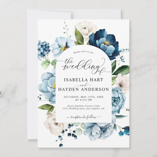 Invitation Dusty Blue Navy Peony All In 1 QR Code Mariage (Devant)