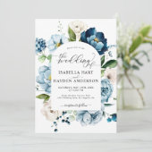 Invitation Dusty Blue Navy Peony All In 1 QR Code Mariage (Debout devant)