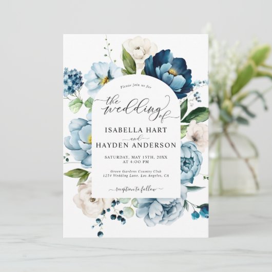 Invitation Dusty Blue Navy Peony All In 1 QR Code Mariage (Debout devant)