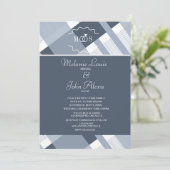 Invitation Dusty Blue Navy Plaid White Ring Logo Mariage (Debout devant)