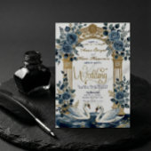 Invitation Dusty Blue Navy Rose Faux Gold Garden  Wedding