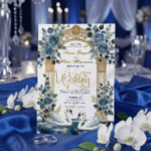 Invitation Dusty Blue Navy Rose Faux Gold Garden  Wedding