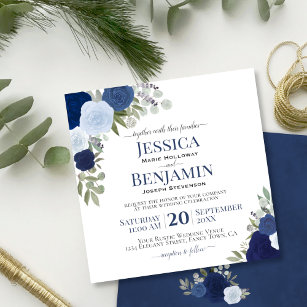 Invitation Dusty Blue & Navy Watercolor Roses Mariage élégant