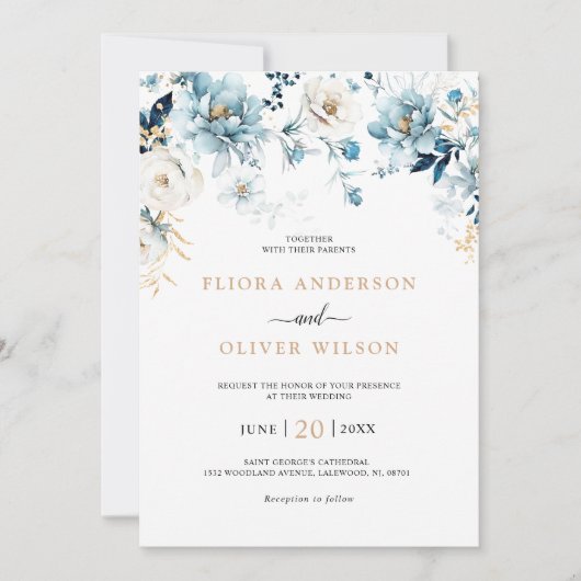Invitation Dusty Blue Navy White Ivory Gold Floral Mariage (Devant)
