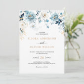 Invitation Dusty Blue Navy White Ivory Gold Floral Mariage (Debout devant)