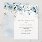 Invitation Dusty Blue Navy White Ivory Gold Floral Mariage (Devant / Derrière)