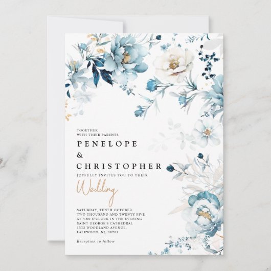 Invitation Dusty Blue Navy White Ivory Gold Floral Mariage (Devant)