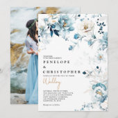Invitation Dusty Blue Navy White Ivory Gold Floral Mariage (Devant / Derrière)