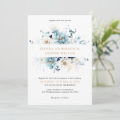 Invitation Dusty Blue Navy White Ivory Gold Floral Mariage (Debout devant)