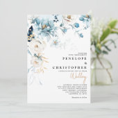 Invitation Dusty Blue Navy White Ivory Gold Floral Mariage da (Debout devant)