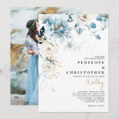 Invitation Dusty Blue Navy White Ivory Gold Floral Mariage da (Devant / Derrière)