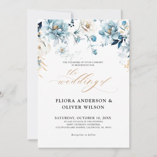 Invitation Dusty Blue Navy White Ivory Gold Floral Mariage da (Devant)