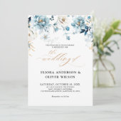 Invitation Dusty Blue Navy White Ivory Gold Floral Mariage da (Debout devant)