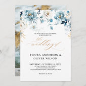 Invitation Dusty Blue Navy White Ivory Gold Floral Mariage da (Devant / Derrière)