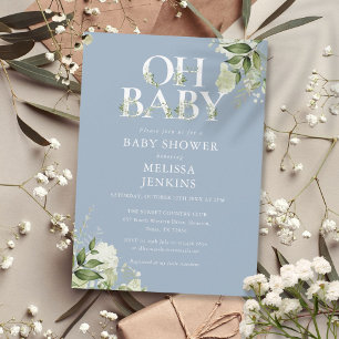 Invitation Dusty Blue Oh Baby Botanical Green Baby shower