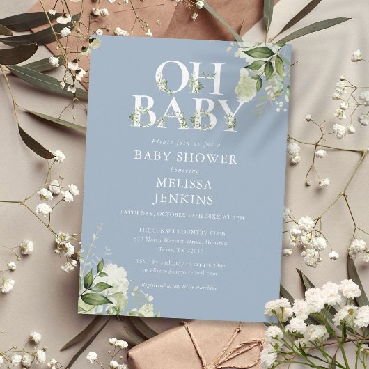 Invitation Dusty Blue Oh Baby Botanical Green Baby shower