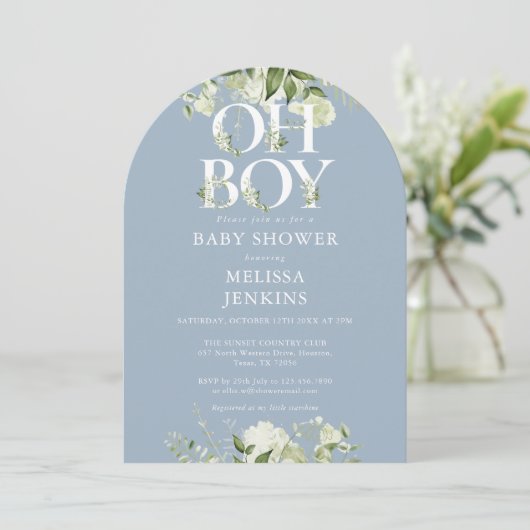 Invitation Dusty Blue Oh Boy Boy Baby shower de verdure botan (Debout devant)