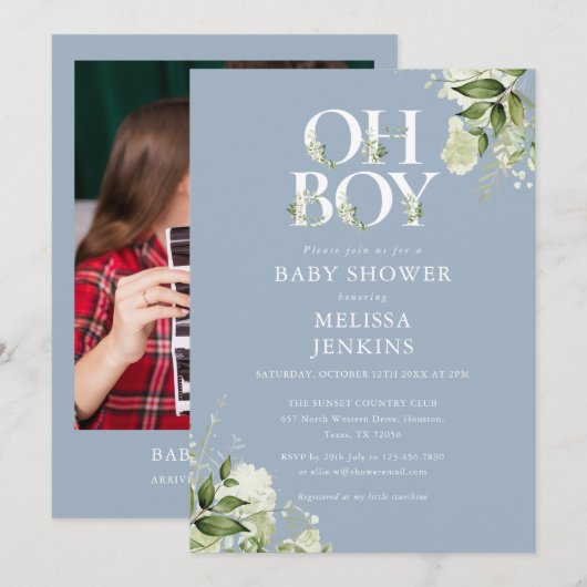 Invitation Dusty Blue Oh Boy Greenery Baby shower photo (Devant / Derrière)