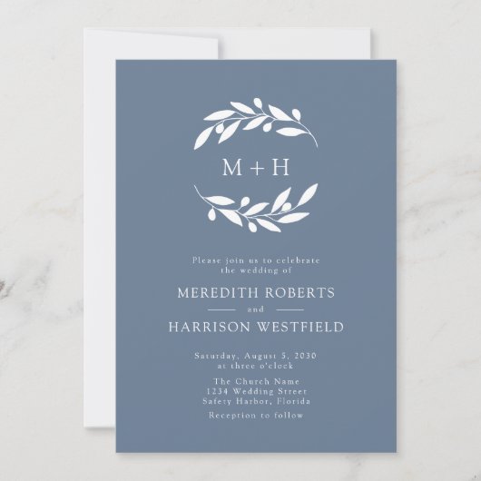Invitation Dusty Blue Olive Branch Monogram Wreath Mariage (Devant)