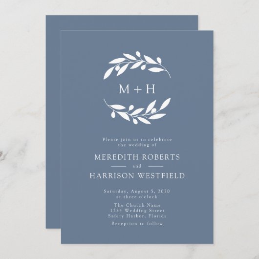 Invitation Dusty Blue Olive Branch Monogram Wreath Mariage (Devant / Derrière)