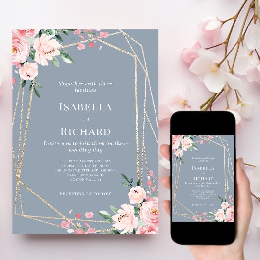 Invitation Dusty Blue | Or | Floral rose pâle | MARIAGE