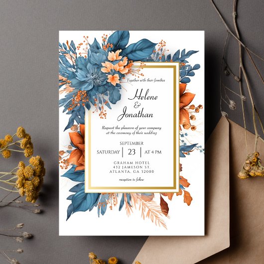 Invitation Dusty Blue Orange Terracotta Boho Elégant Mariage