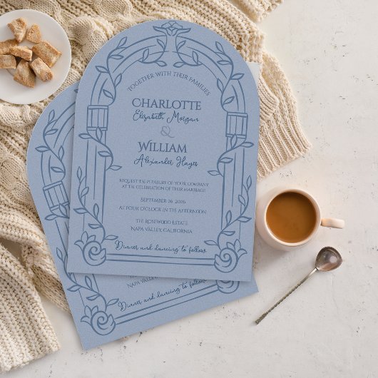 Invitation Dusty Blue Ornate Arch Botanical Wedding
