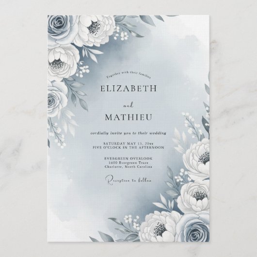 Invitation Dusty Blue Painterly Flora Wedding (Devant)