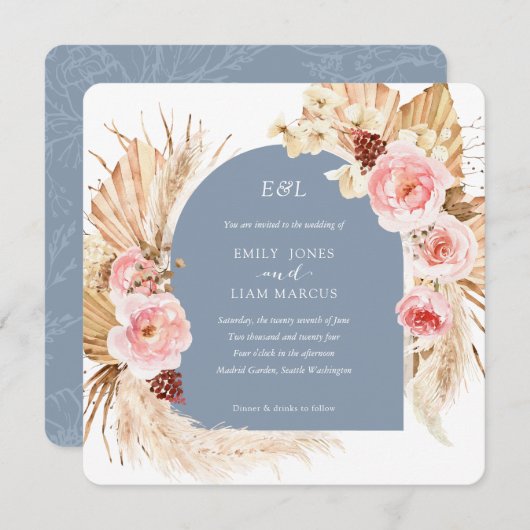 Invitation Dusty Blue Pampas Grass Boho Floral Carré (Devant / Derrière)