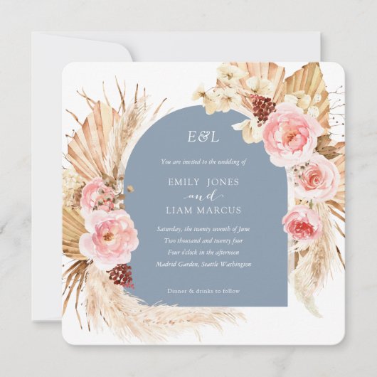 Invitation Dusty Blue Pampas Grass Boho Floral Carré (Devant)