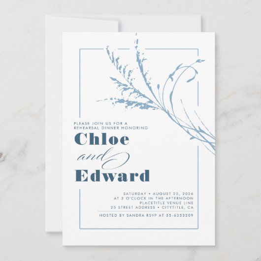 Invitation Dusty Blue Pampas Grass Dîner de répétition modern (Devant)