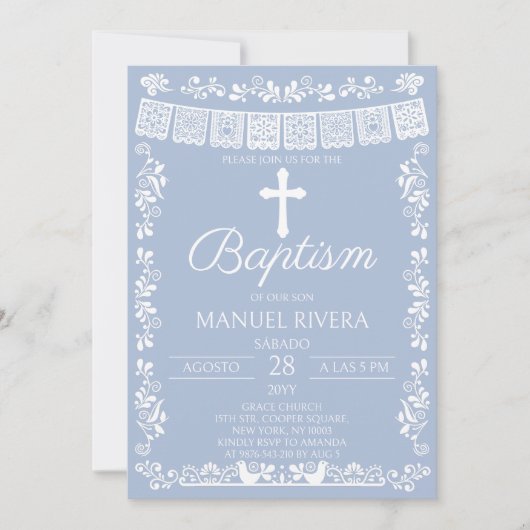 Invitation Dusty Blue Papel Picado Baptism (Devant)